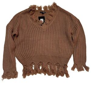 Fashion Nova Always Distressing Me Out Sweater Mocha Size XS Frayed Raw Edges